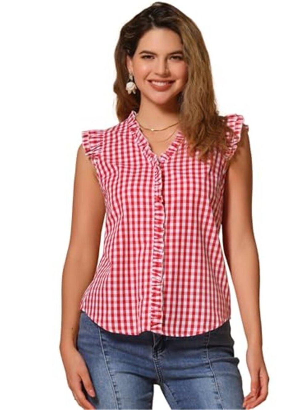 Women's Red Gingham Top 100% Cotton V Neck Ruffle Cap Sleeve Vintage Blouse
